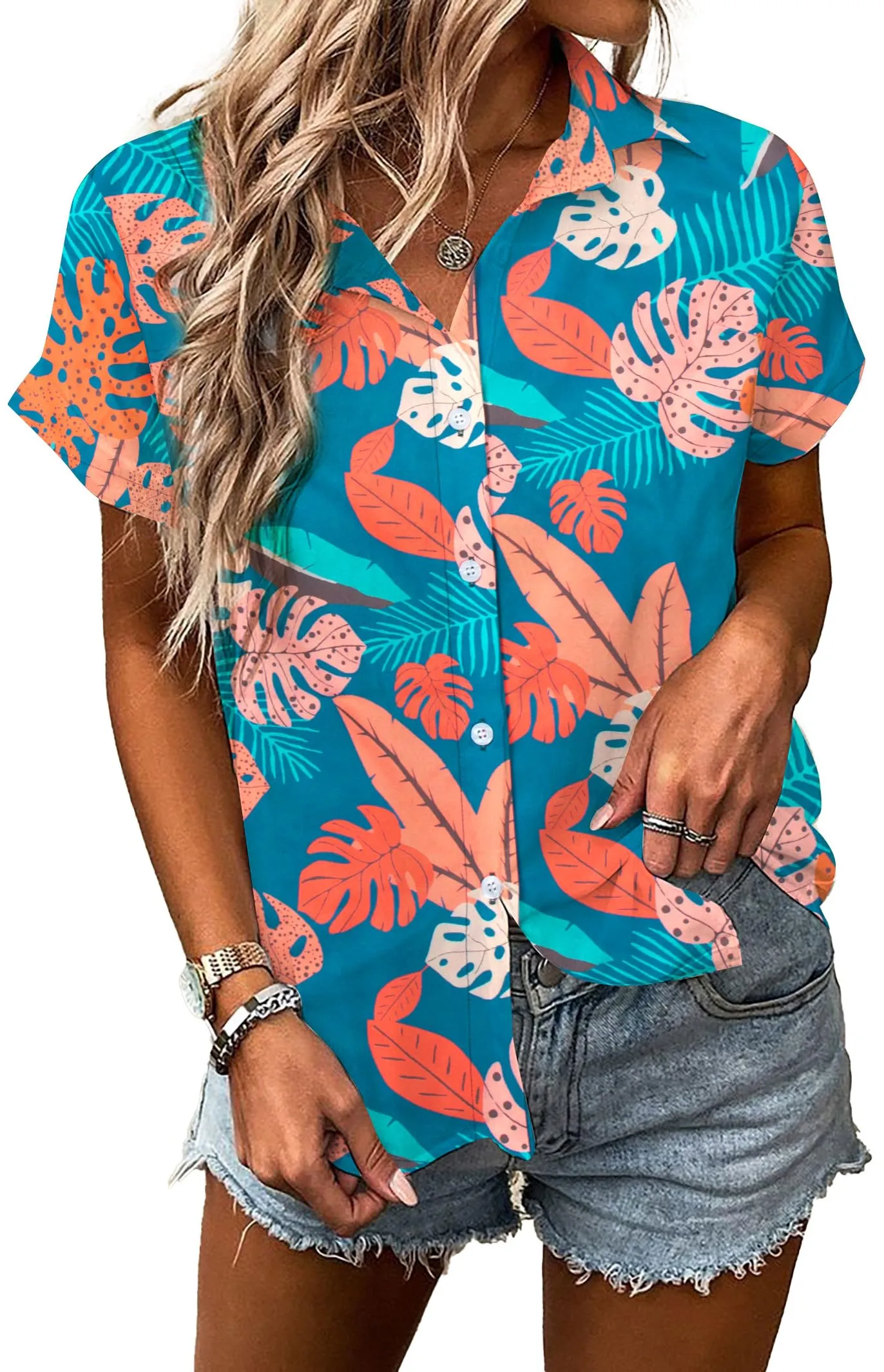 MYHALF Women Hawaiian Shirt Soft Cool Summer Hawaii Shirts Floral Tropic Print V Neck T-Shirt Short Sleeve Button Up Tops