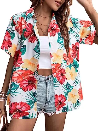 MYHALF Women Hawaiian Shirt Soft Cool Summer Hawaii Shirts Floral Tropic Print V Neck T-Shirt Short Sleeve Button Up Tops