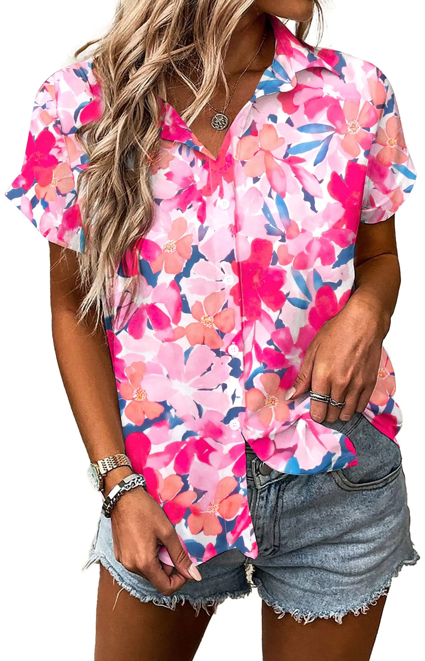 MYHALF Women Hawaiian Shirt Soft Cool Summer Hawaii Shirts Floral Tropic Print V Neck T-Shirt Short Sleeve Button Up Tops