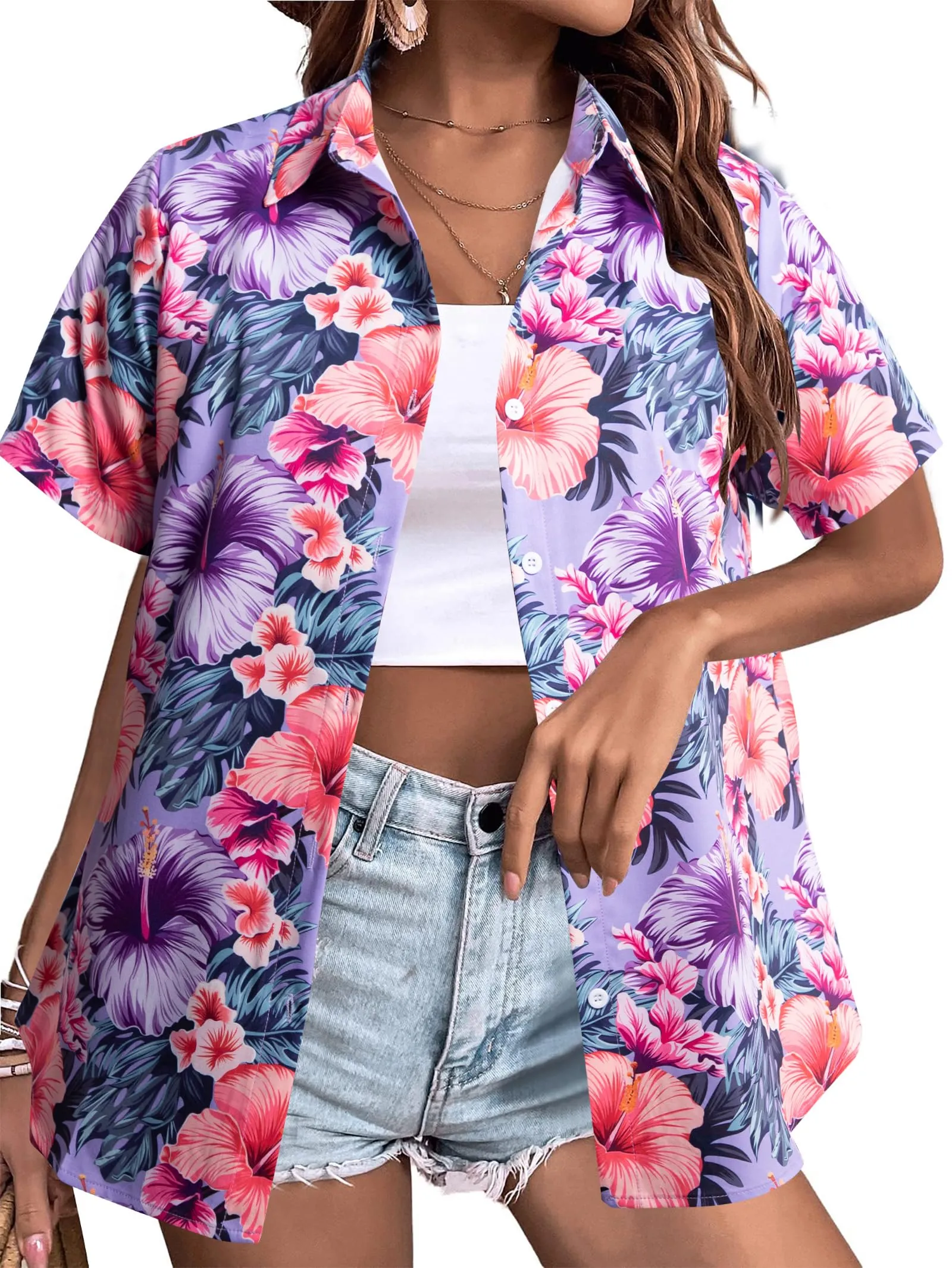 MYHALF Women Hawaiian Shirt Soft Cool Summer Hawaii Shirts Floral Tropic Print V Neck T-Shirt Short Sleeve Button Up Tops
