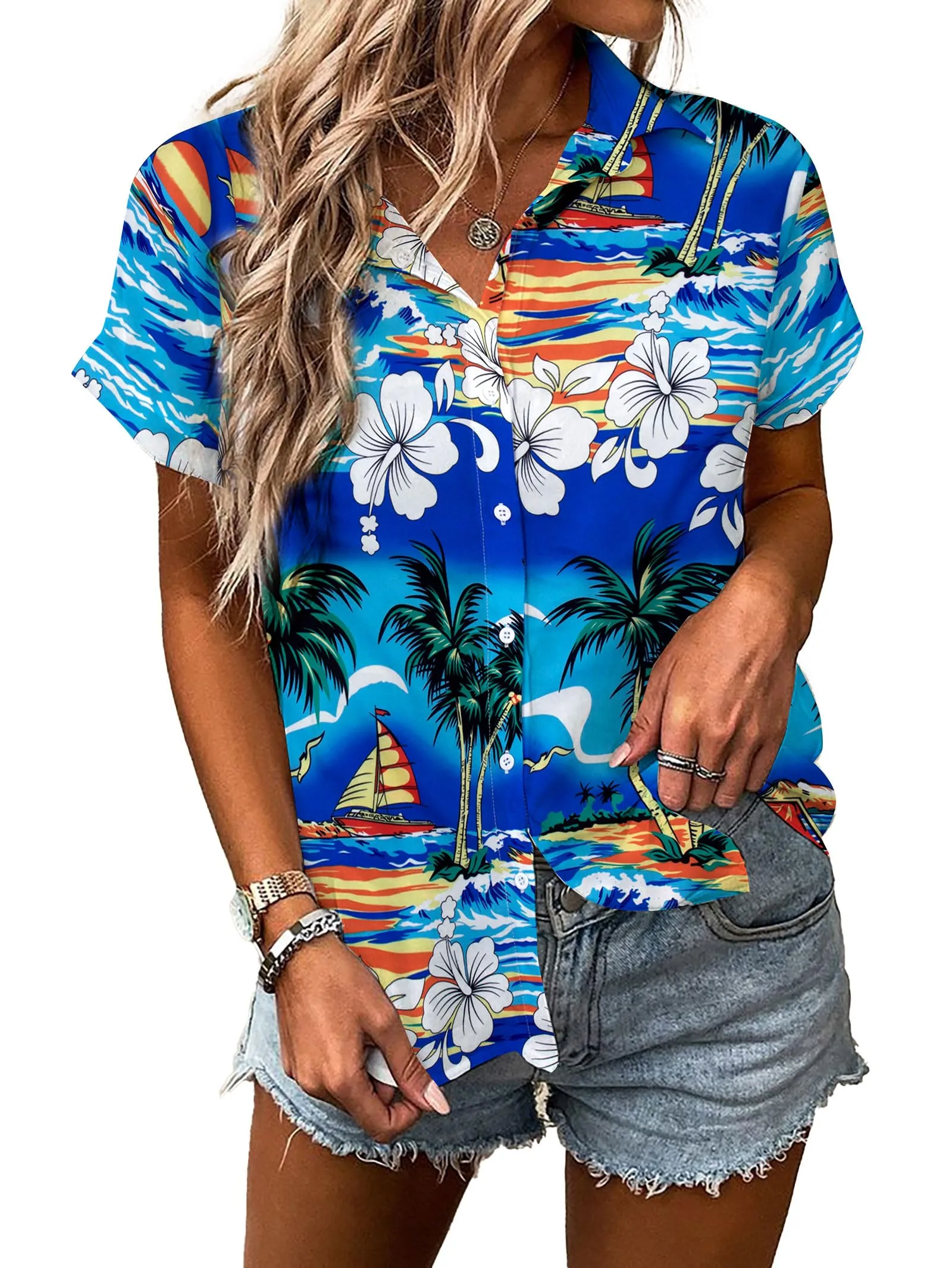 MYHALF Women Hawaiian Shirt Soft Cool Summer Hawaii Shirts Floral Tropic Print V Neck T-Shirt Short Sleeve Button Up Tops