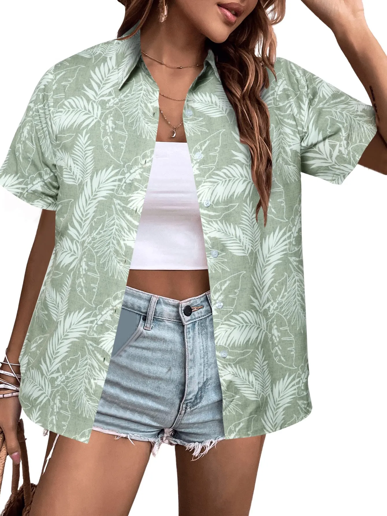 MYHALF Women Hawaiian Shirt Soft Cool Summer Hawaii Shirts Floral Tropic Print V Neck T-Shirt Short Sleeve Button Up Tops