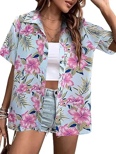 MYHALF Women Hawaiian Shirt Soft Cool Summer Hawaii Shirts Floral Tropic Print V Neck T-Shirt Short Sleeve Button Up Tops