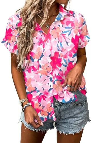 MYHALF Women Hawaiian Shirt Soft Cool Summer Hawaii Shirts Floral Tropic Print V Neck T-Shirt Short Sleeve Button Up Tops