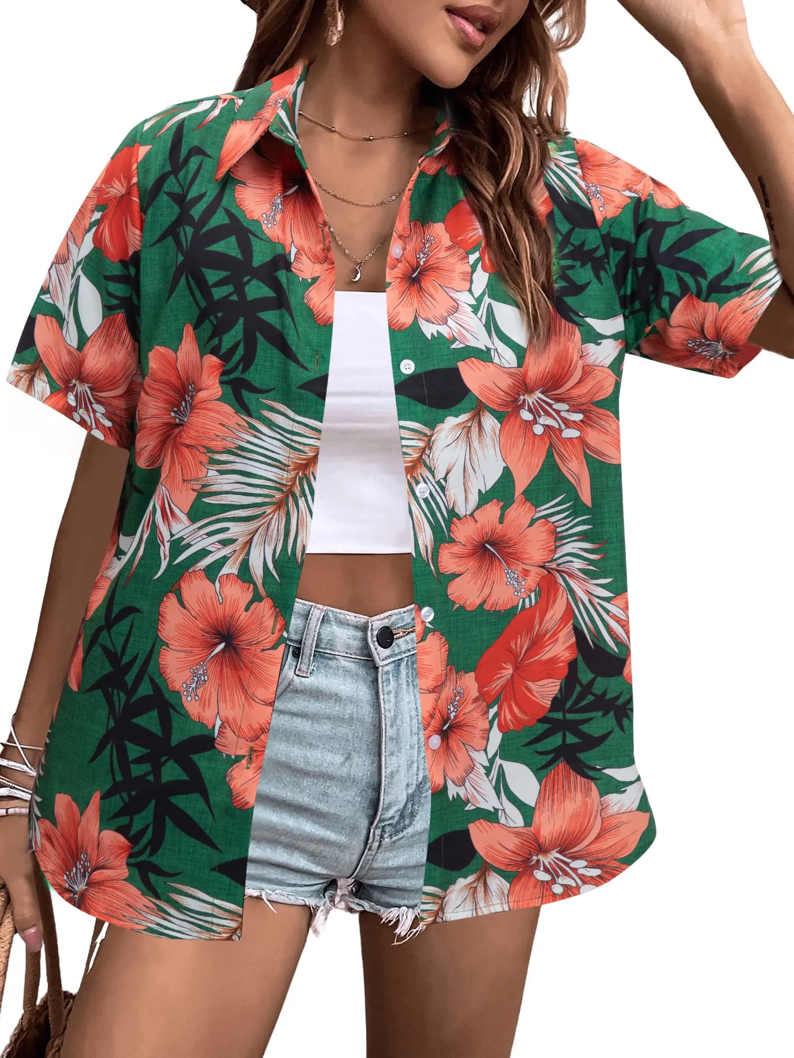 MYHALF Women Hawaiian Shirt Soft Cool Summer Hawaii Shirts Floral Tropic Print V Neck T-Shirt Short Sleeve Button Up Tops