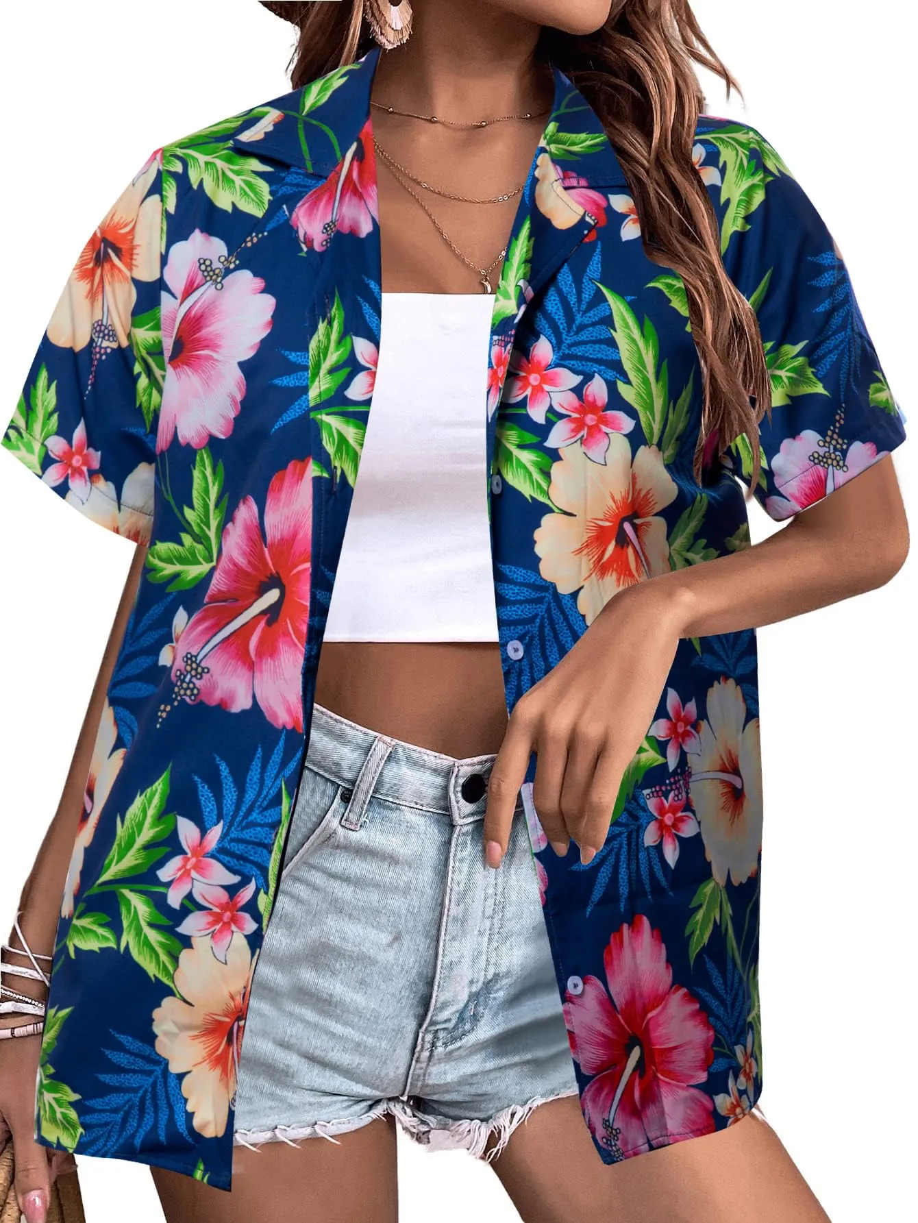 MYHALF Women Hawaiian Shirt Soft Cool Summer Hawaii Shirts Floral Tropic Print V Neck T-Shirt Short Sleeve Button Up Tops