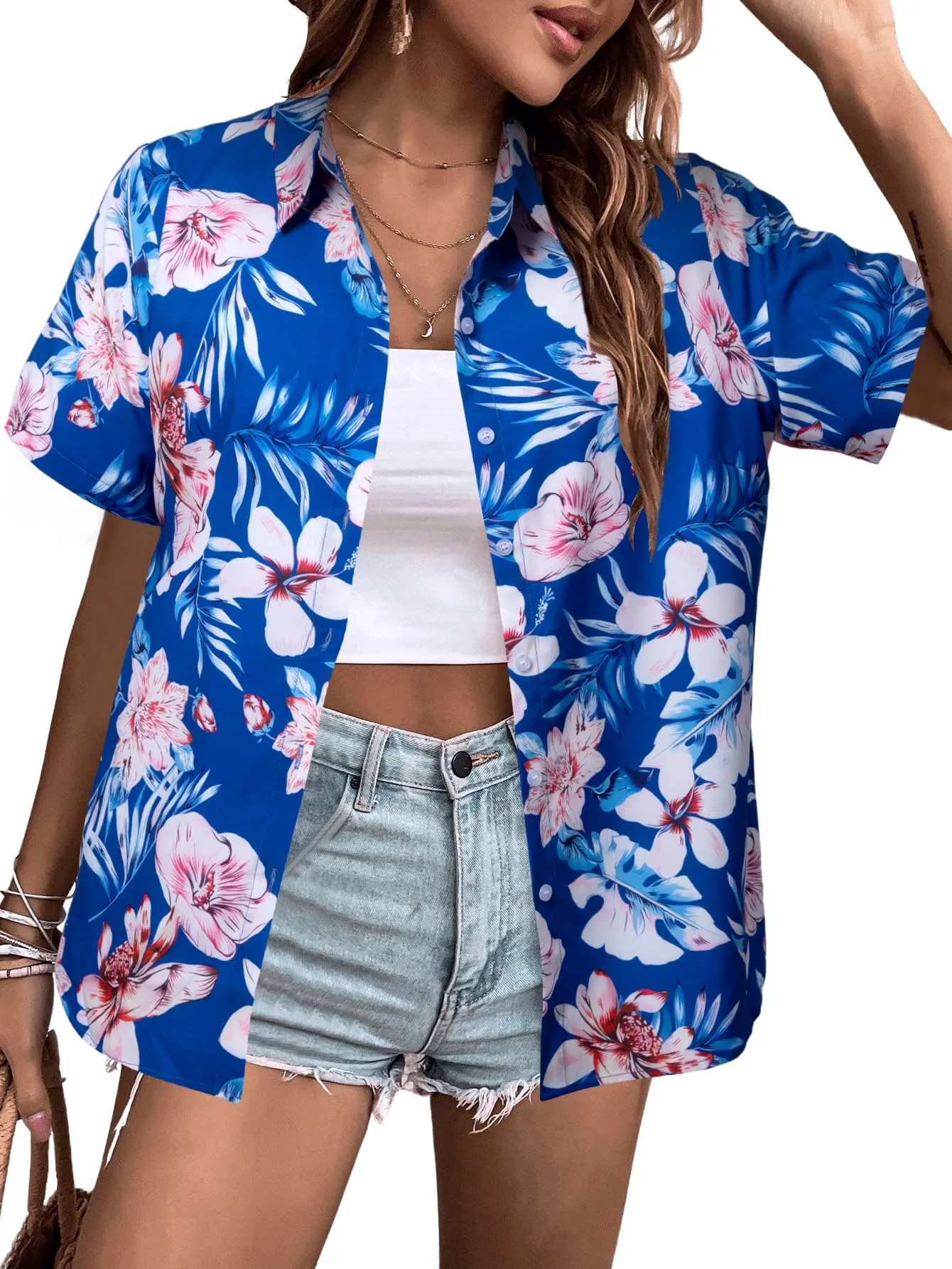 MYHALF Women Hawaiian Shirt Soft Cool Summer Hawaii Shirts Floral Tropic Print V Neck T-Shirt Short Sleeve Button Up Tops