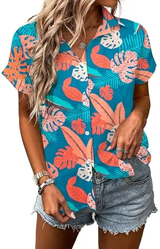 MYHALF Women Hawaiian Shirt Soft Cool Summer Hawaii Shirts Floral Tropic Print V Neck T-Shirt Short Sleeve Button Up Tops