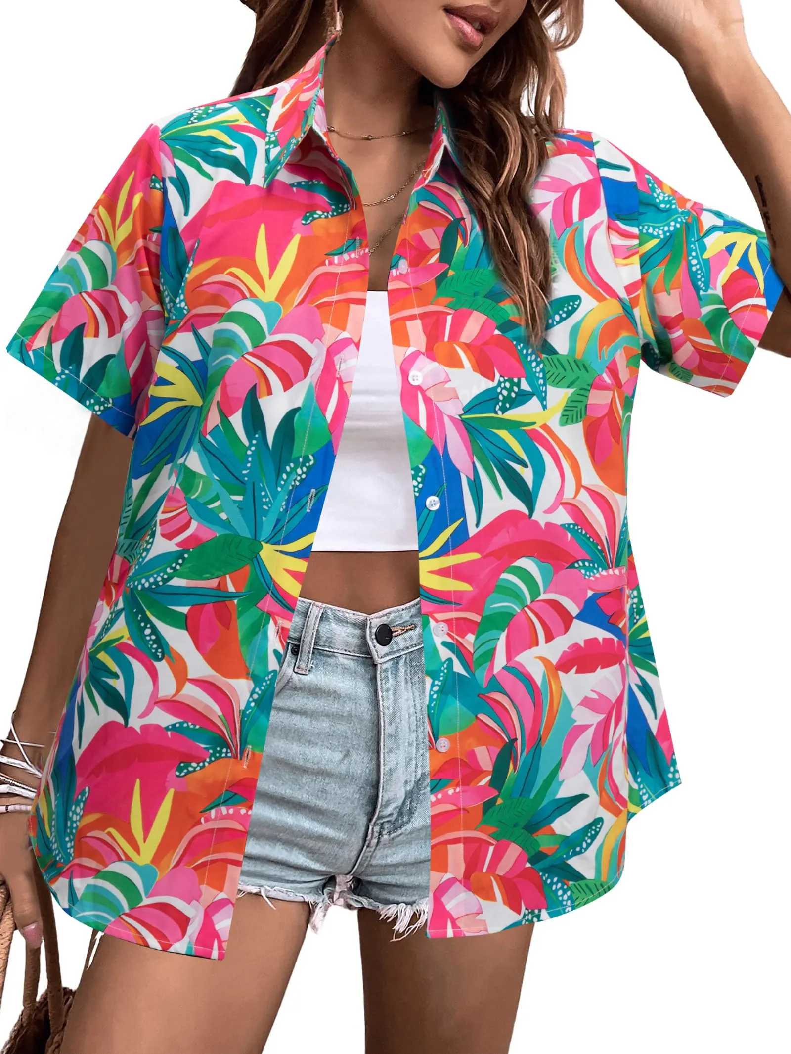 MYHALF Women Hawaiian Shirt Soft Cool Summer Hawaii Shirts Floral Tropic Print V Neck T-Shirt Short Sleeve Button Up Tops