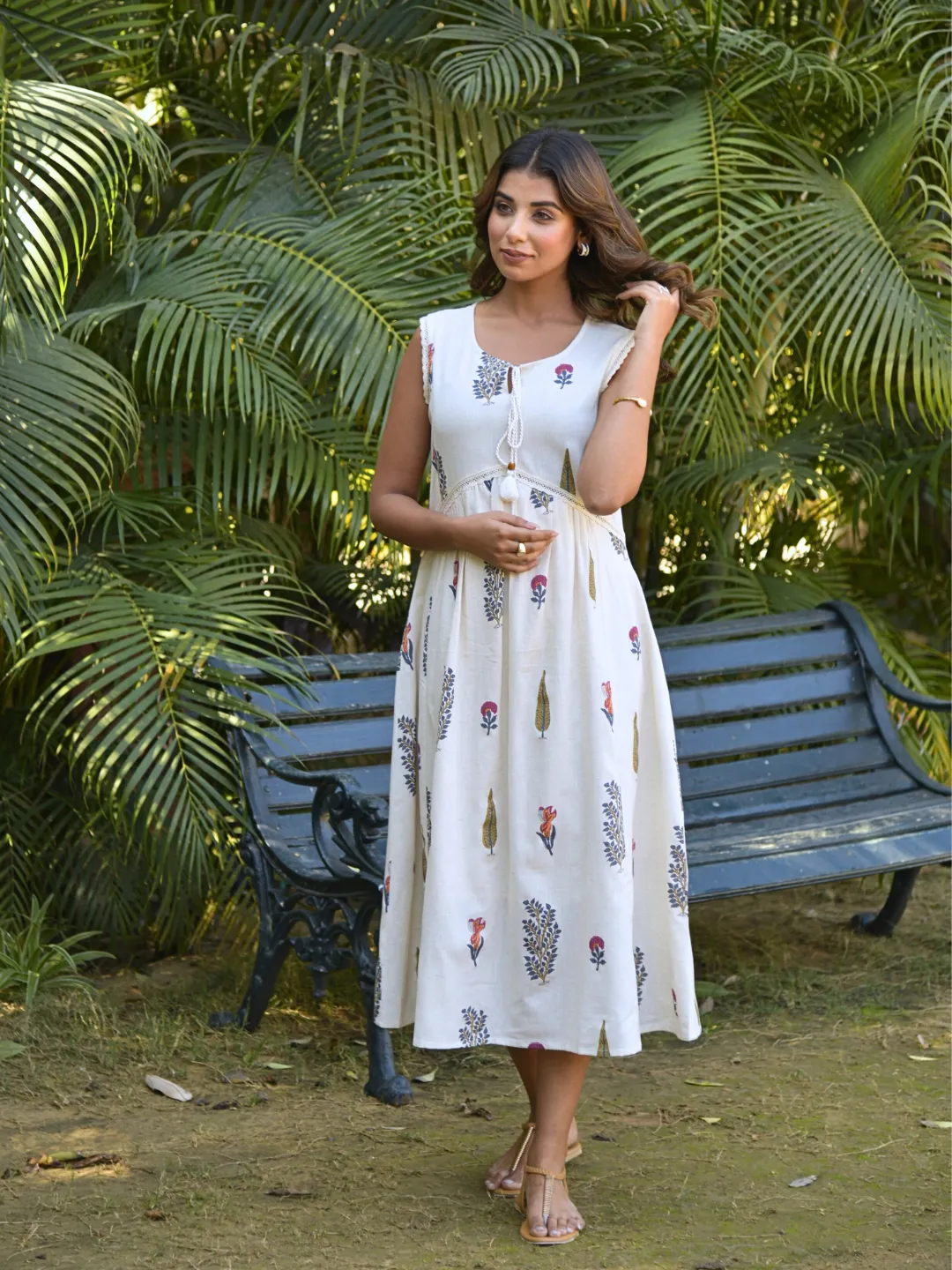 Natural Mughal Print Boho Midi Dress