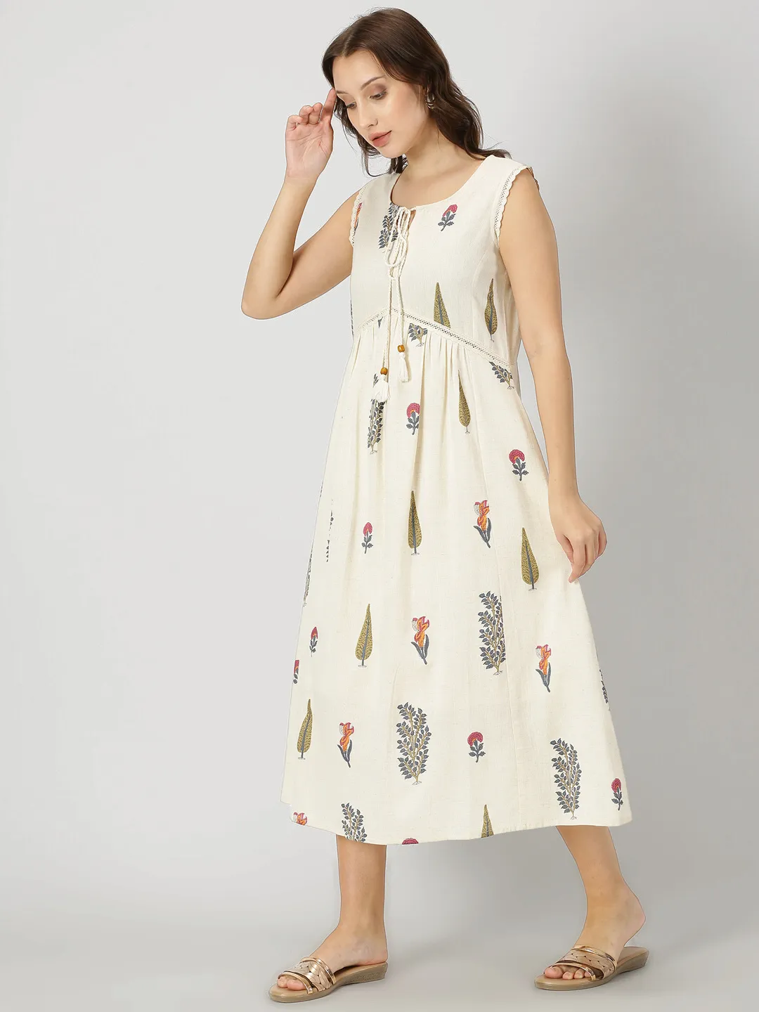 Natural Mughal Print Boho Midi Dress