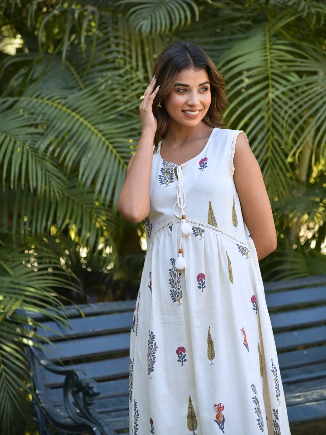Natural Mughal Print Boho Midi Dress