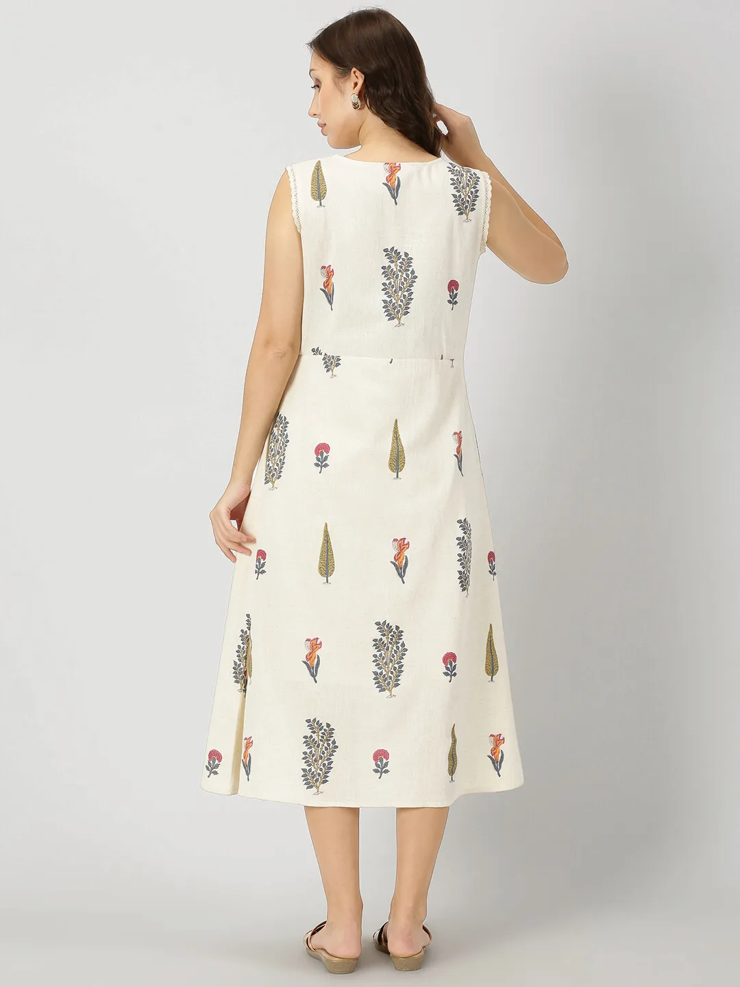 Natural Mughal Print Boho Midi Dress
