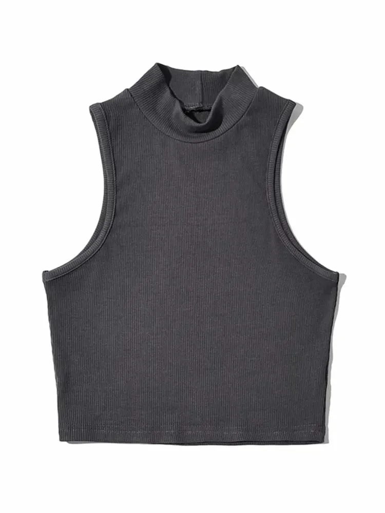 Nautical Chic Sleeveless Crop Top - High Neck Summer Fashion - Women's Tank Top