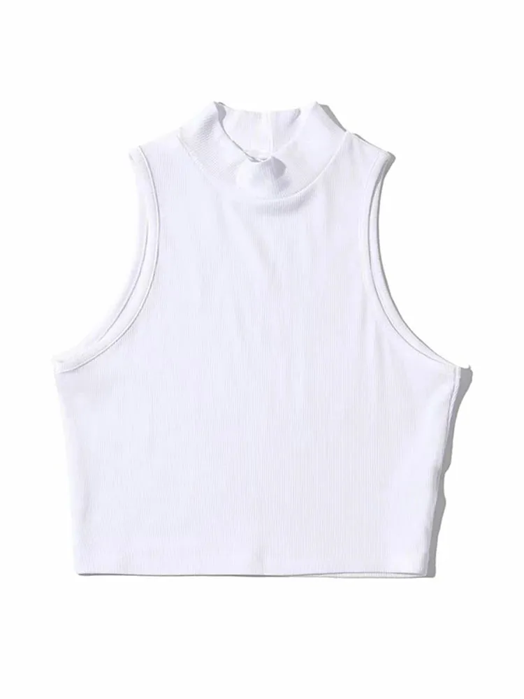 Nautical Chic Sleeveless Crop Top - High Neck Summer Fashion - Women's Tank Top