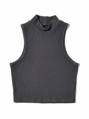 Nautical Chic Sleeveless Crop Top - High Neck Summer Fashion - Women's Tank Top