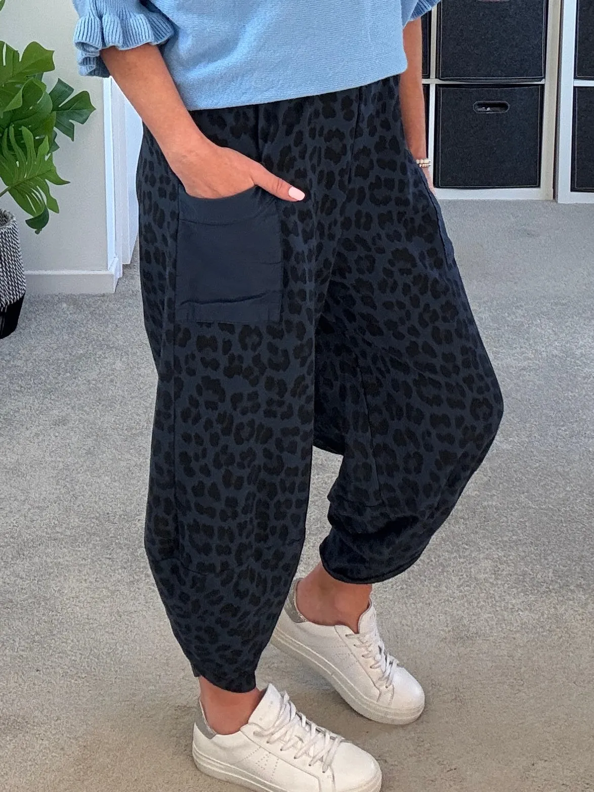 Navy Leopard Slim Barrel Cargo Joggers