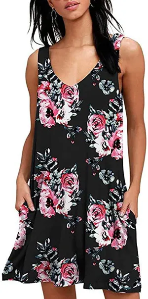 New Naivikid Women's Sleeveless Casual Swing T-Shirt Dress with pockets in Rose Black, Sz L!