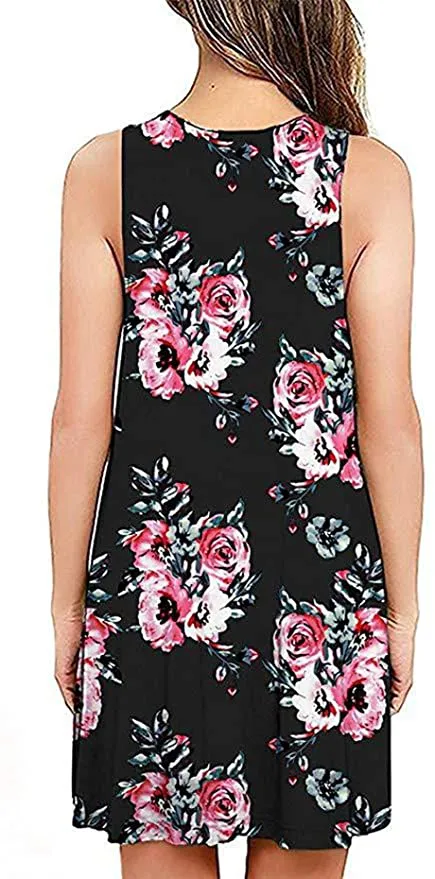 New Naivikid Women's Sleeveless Casual Swing T-Shirt Dress with pockets in Rose Black, Sz L!