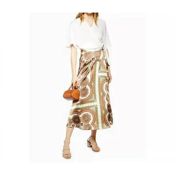 NEW TOPSHOP bias satin paisley print midi wrap skirt in multicolor