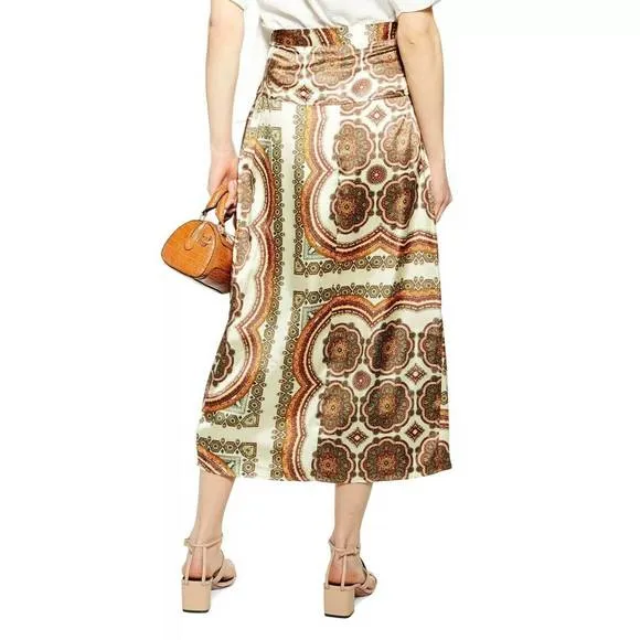 NEW TOPSHOP bias satin paisley print midi wrap skirt in multicolor