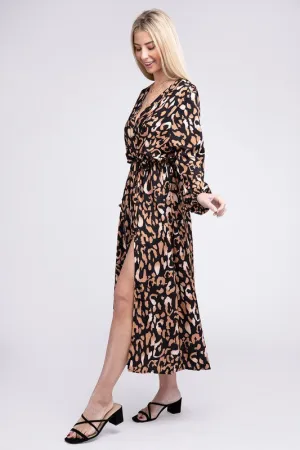 Nuvi Apparel Wrap V Neck High Waist Midi Dress