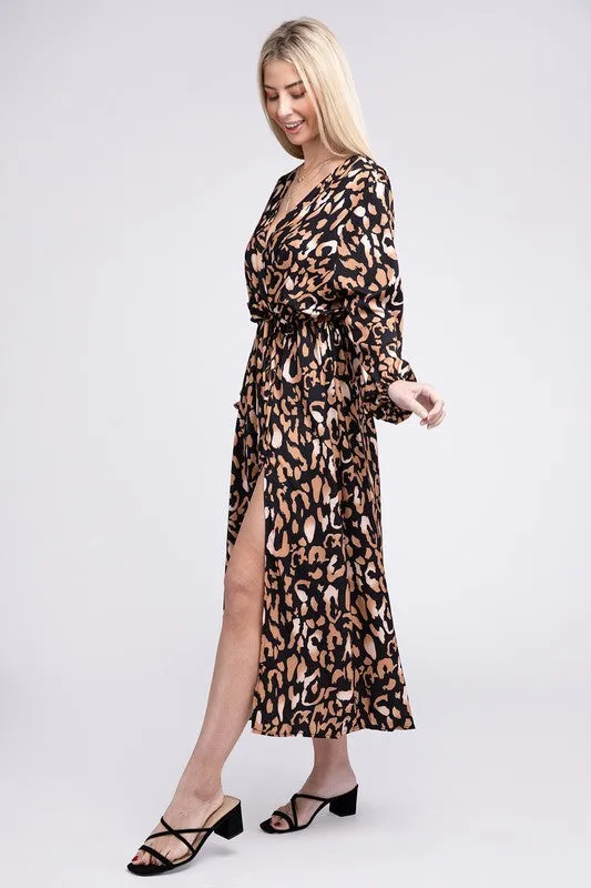 Nuvi Apparel Wrap V Neck High Waist Midi Dress