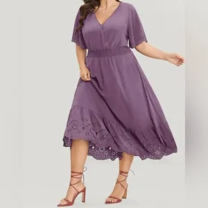 NWT BloomChic Laser Cut Shirred Wrap Scalloped Trim Flutter Dress Size 28W