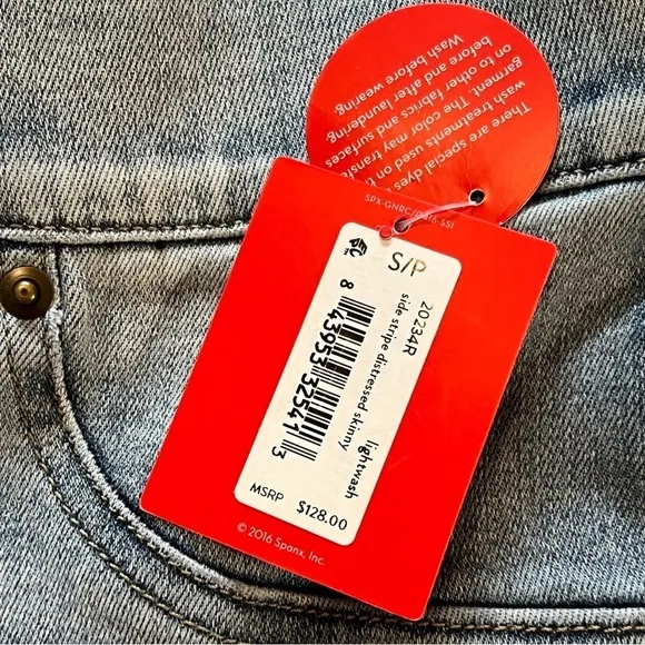 NWT SPANX Side Stripe Distressed  Jeans in lightwash S Stretchy High Waist