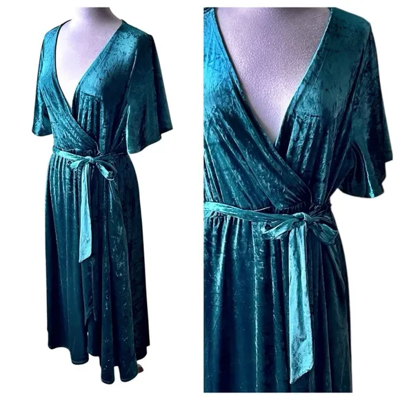 NWT TORRID Green Crushed Velvet Flutter Swing Wrap Dress - 2XL