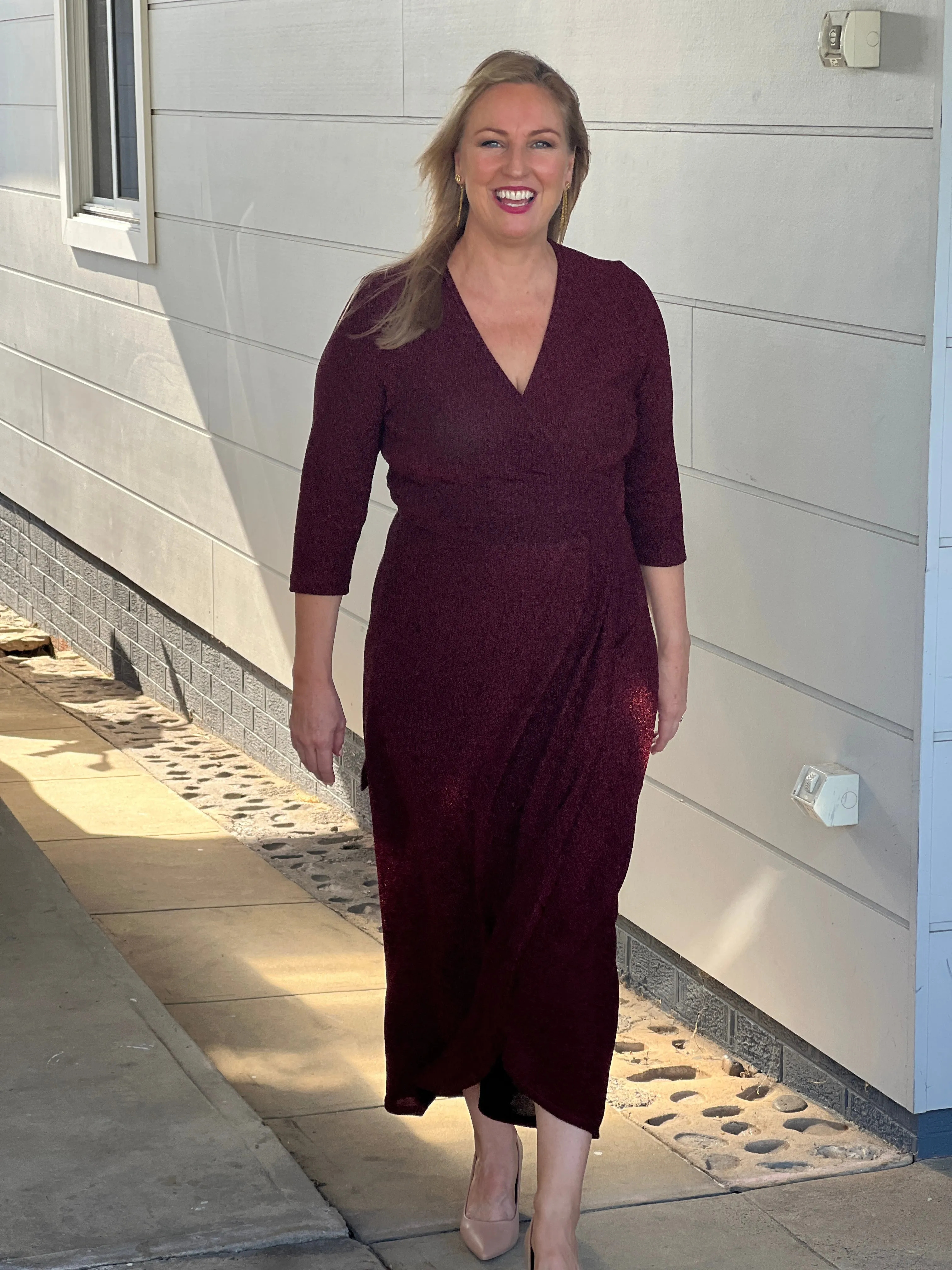 Odessa Burgundy Glitter Wrap Gown