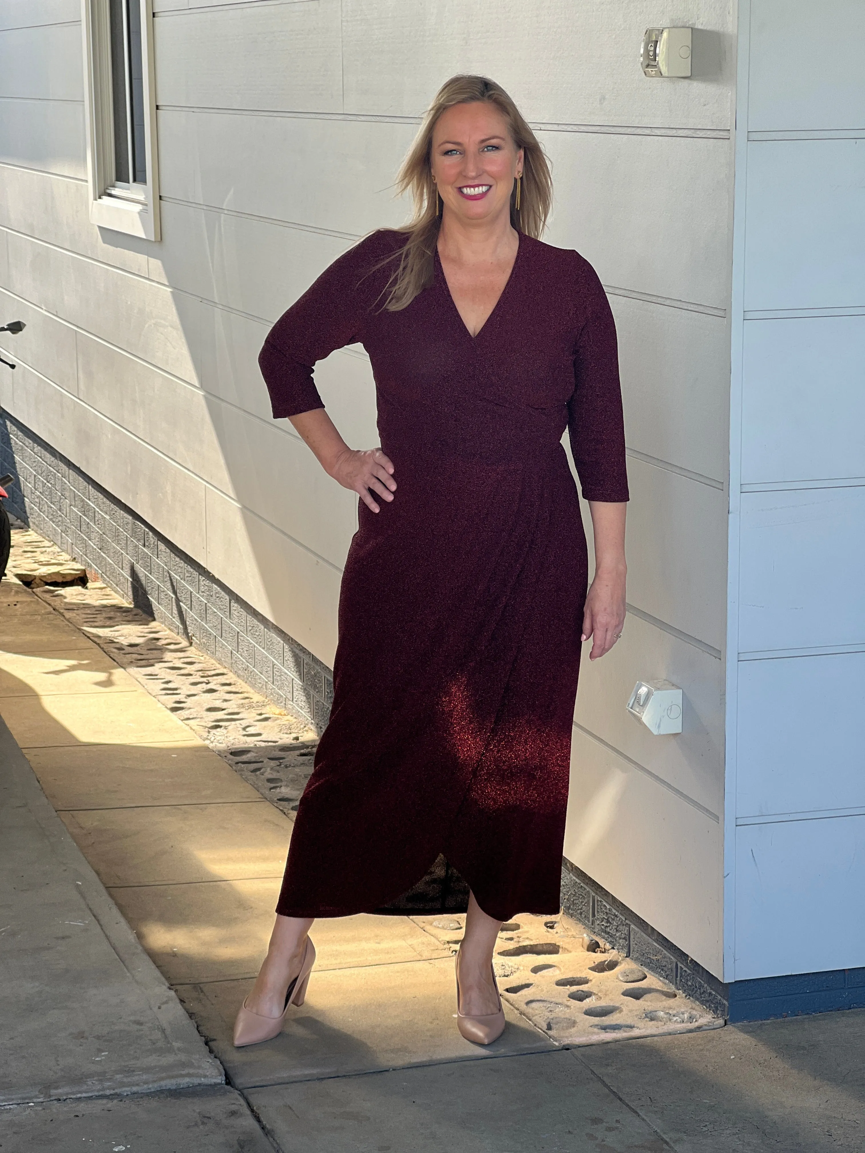 Odessa Burgundy Glitter Wrap Gown