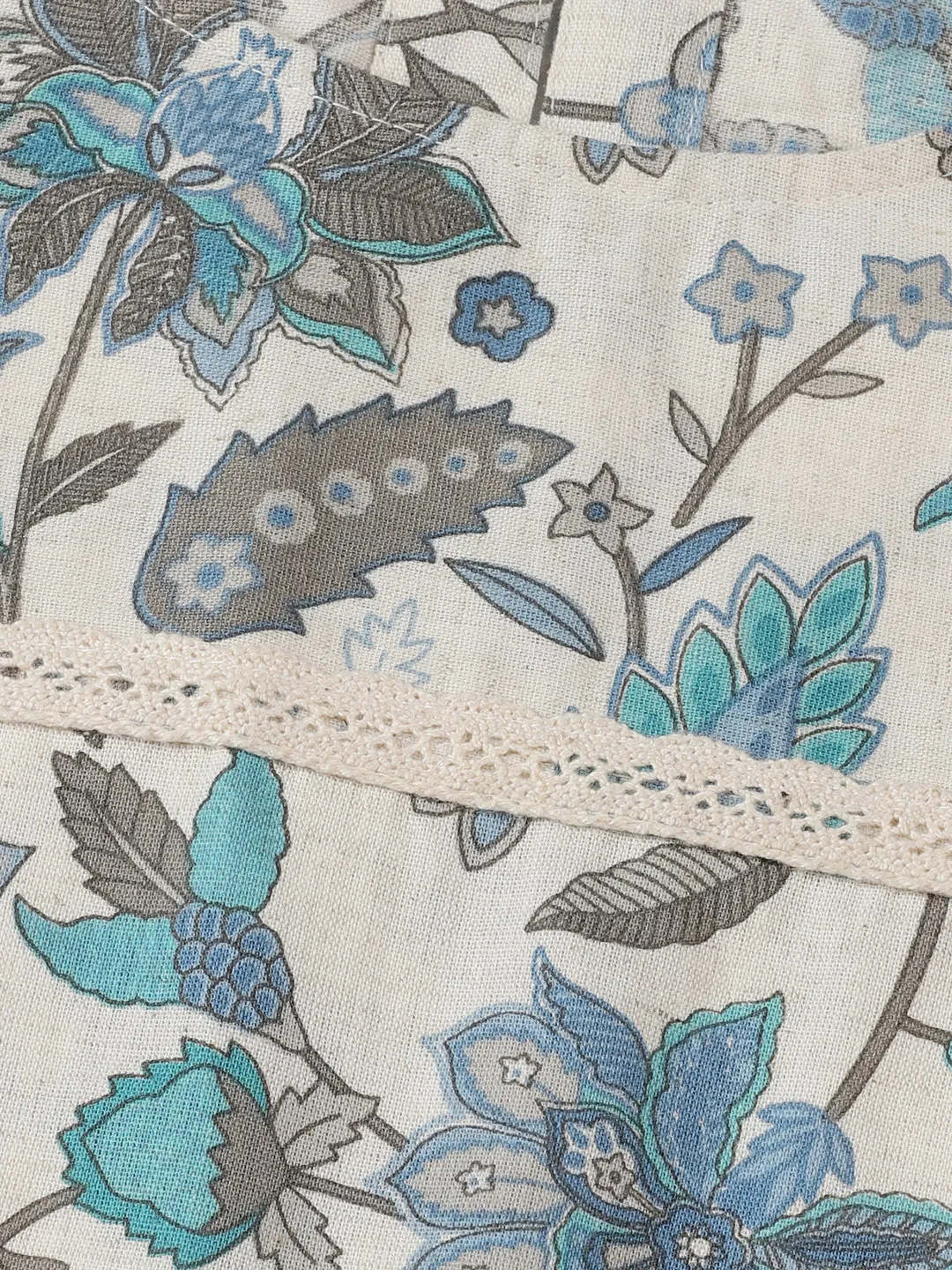 Off White-Blue Ethnic Floral Print Midi Dress with Patch Pockets
