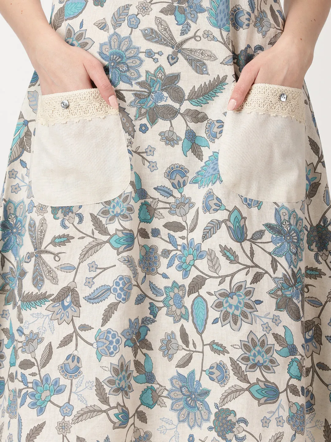 Off White-Blue Ethnic Floral Print Midi Dress with Patch Pockets