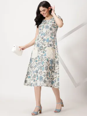 Off White-Blue Ethnic Floral Print Midi Dress with Patch Pockets