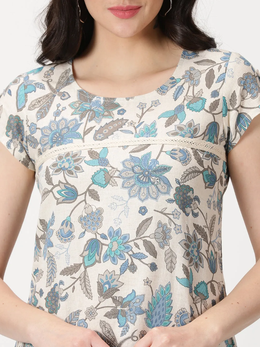 Off White-Blue Ethnic Floral Print Midi Dress with Patch Pockets