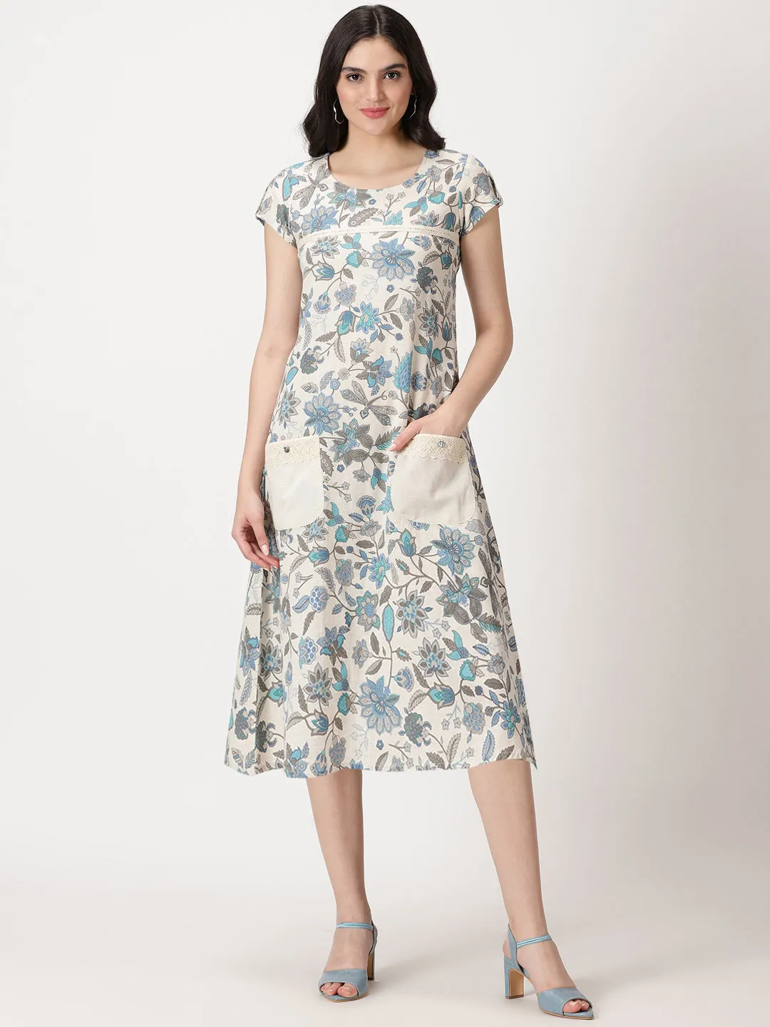 Off White-Blue Ethnic Floral Print Midi Dress with Patch Pockets