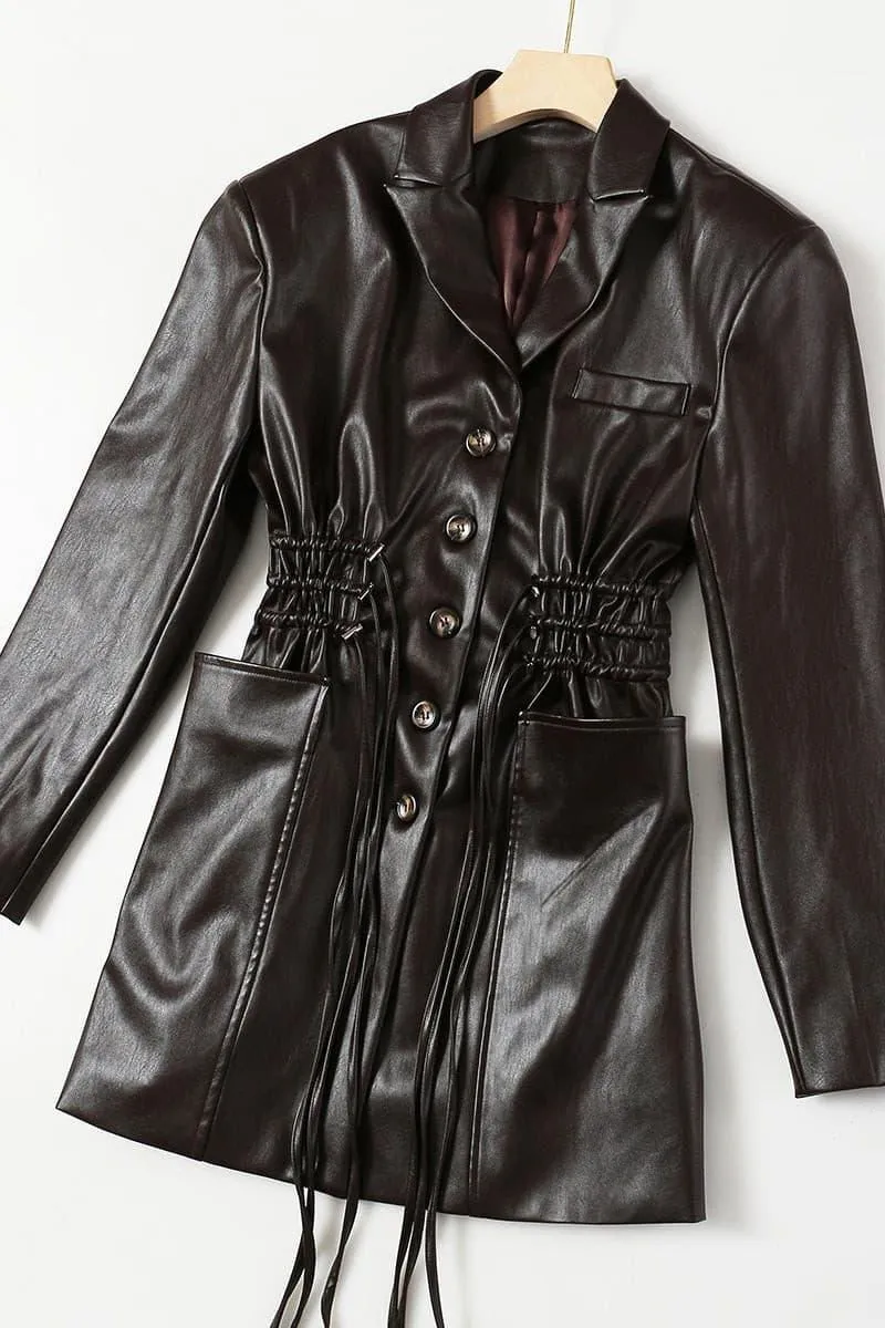 Oversized pockets and roped long leather jacket coat