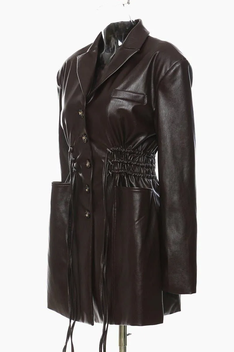 Oversized pockets and roped long leather jacket coat