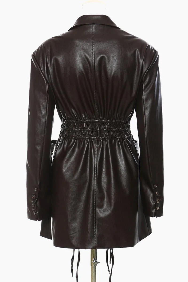 Oversized pockets and roped long leather jacket coat