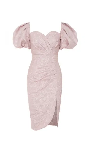 PINK SWEETHEART NECK PUFF SLEEVE SPLIT THIGH DRESS