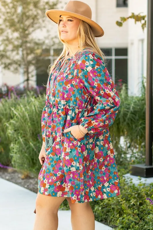 Plus Size Floral Print Shirred Ruffle Mini Dress