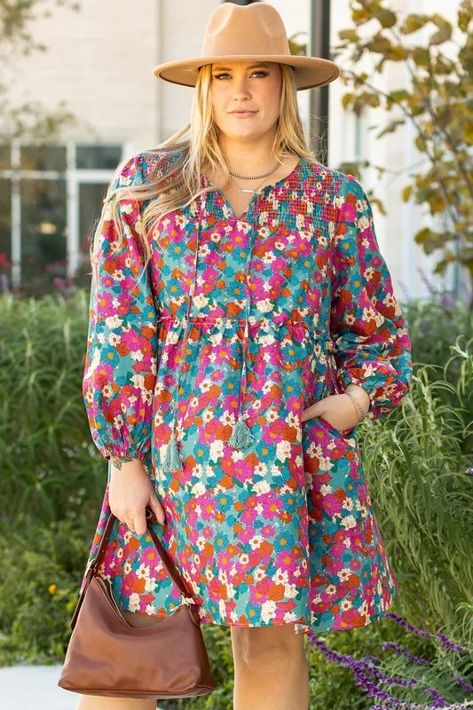 Plus Size Floral Print Shirred Ruffle Mini Dress