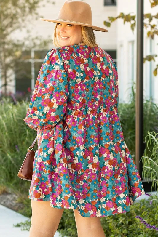 Plus Size Floral Print Shirred Ruffle Mini Dress