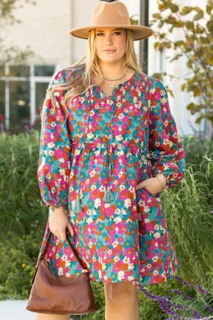 Plus Size Floral Print Shirred Ruffle Mini Dress