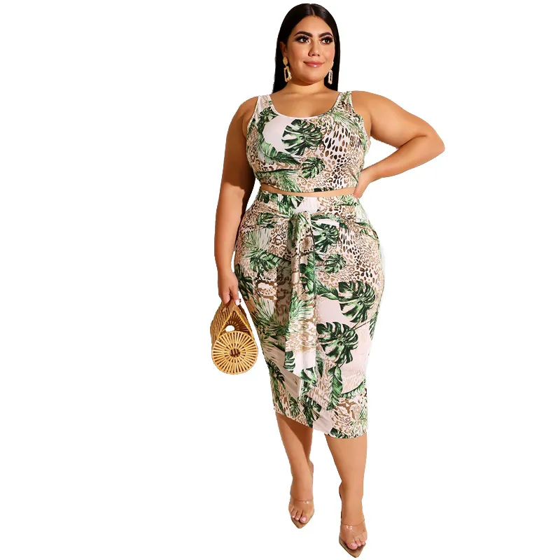 Plus Size Leaf Print Tank Top and Midi Wrap Skirt Set - Polyester