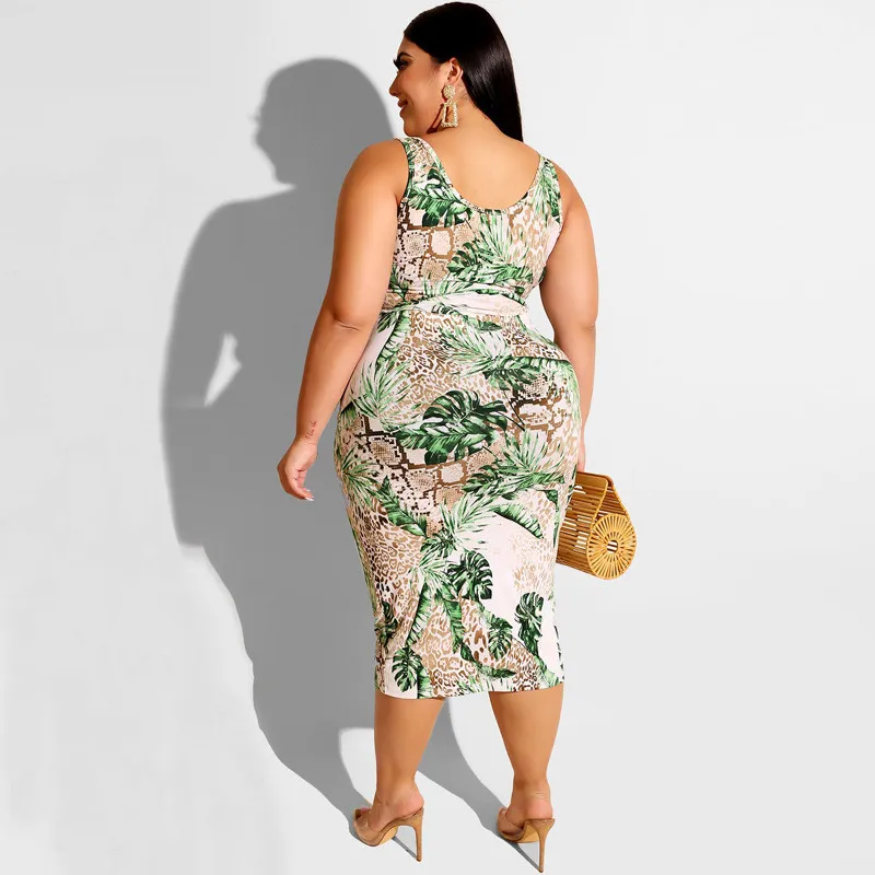 Plus Size Leaf Print Tank Top and Midi Wrap Skirt Set - Polyester