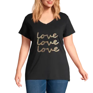 Plus V neck Short Sleeves Foil Graphic T-Shirt-LOVE LOVE LOVE