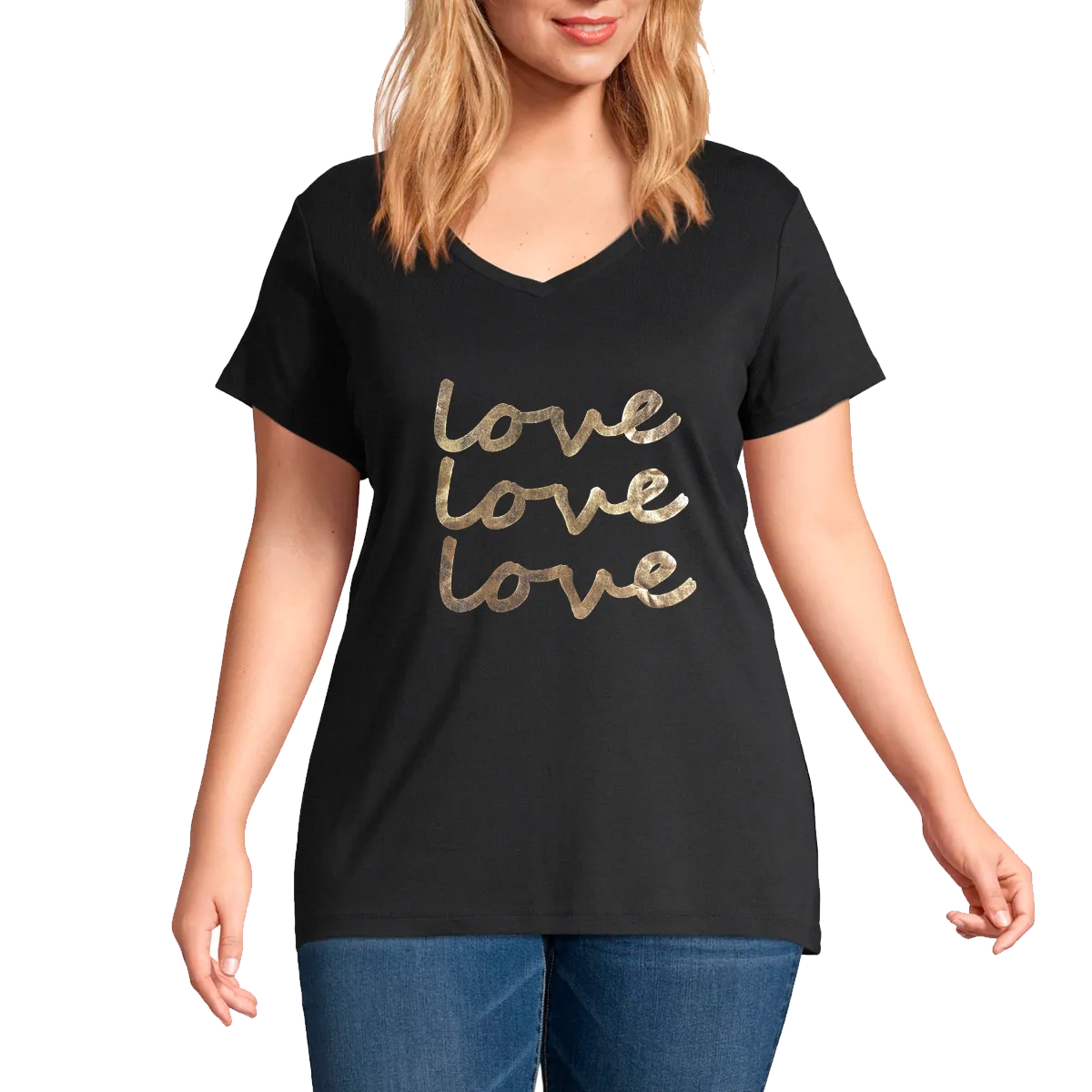 Plus V neck Short Sleeves Foil Graphic T-Shirt-LOVE LOVE LOVE
