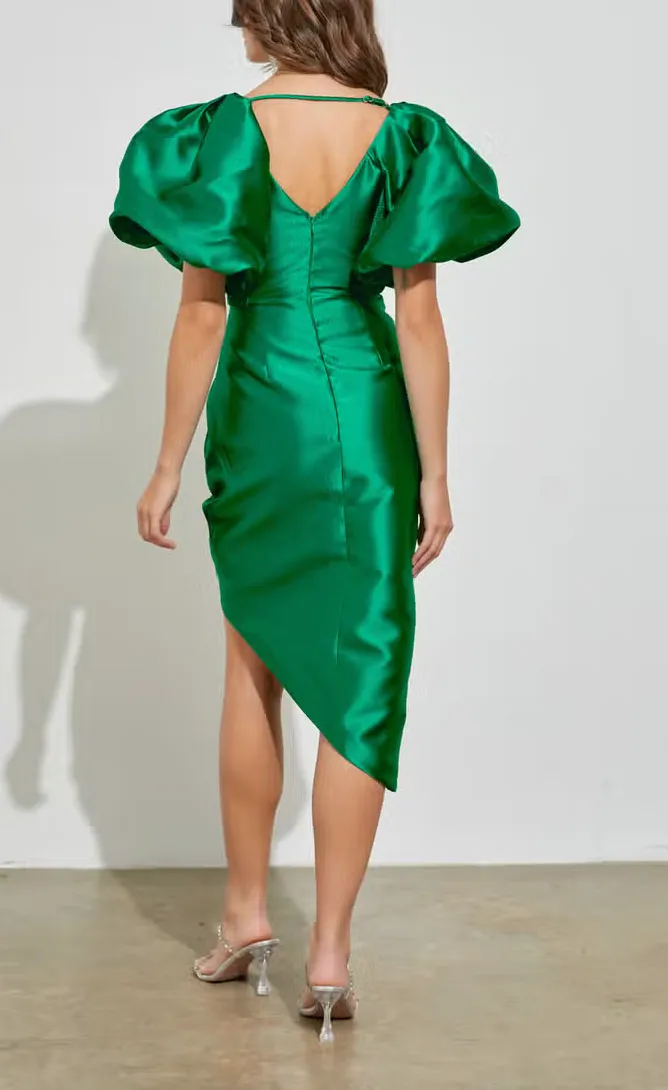 Puff Sleeve Heart Neckline Wrap Dress